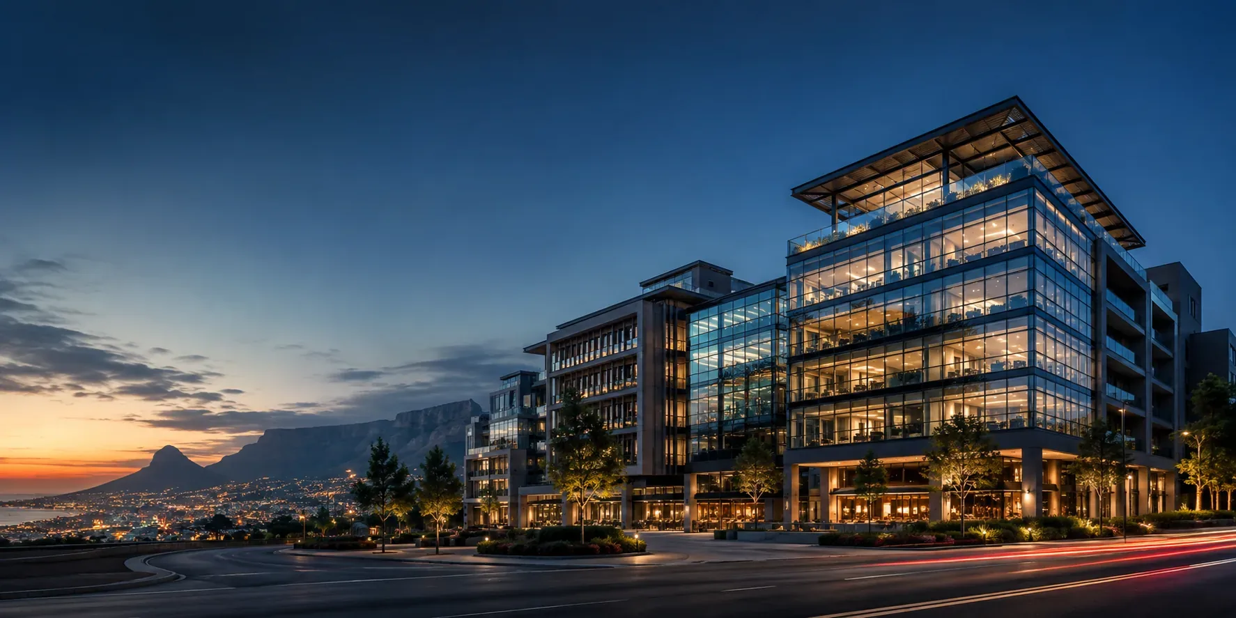 Contemporary South African mixed-use property development at dusk